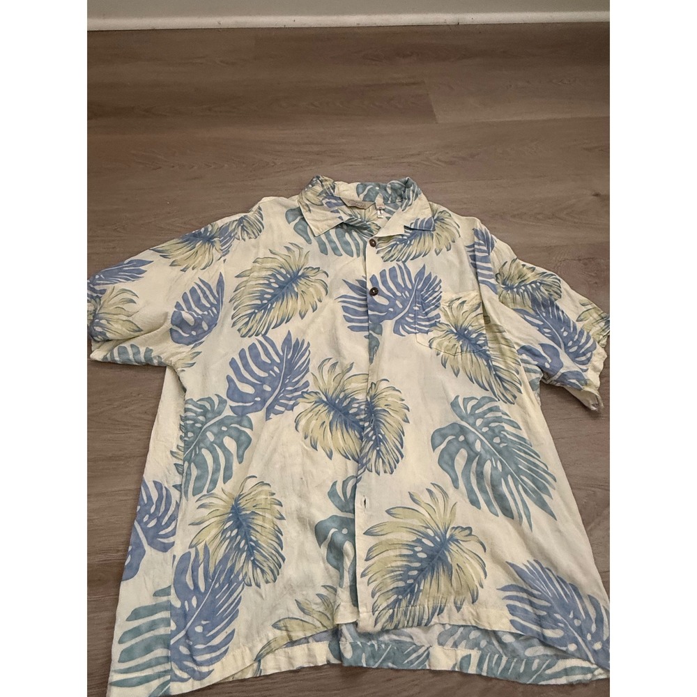 Sunny Island Hawaii Mens 3XL Aloha Shirt Monstera Leaf Rayon Coconut Button Blue